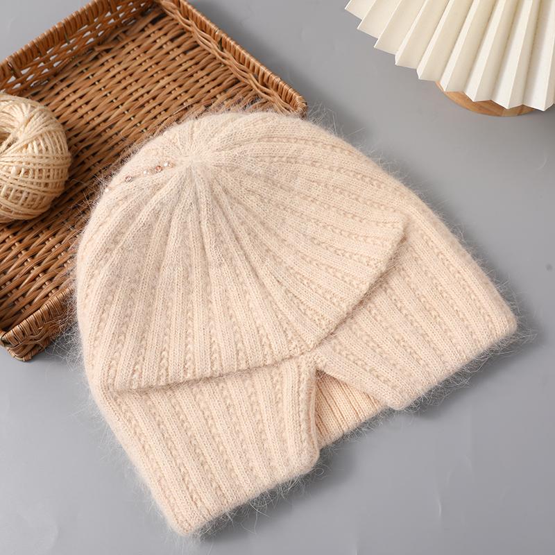 Women Angora Rabbit Fur Hat Winter Knitted Warm Beanies Fashion Luxury Designer Hats For Female With Pearl Diamond Cap