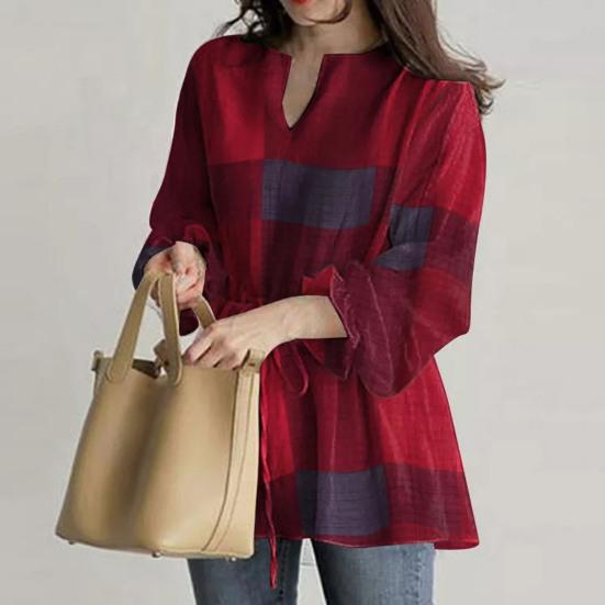 V-образный вырез с рюшами Манжеты на талии Шнуровка в клетку с принтом Повседневная блузка Простой повседневный стиль