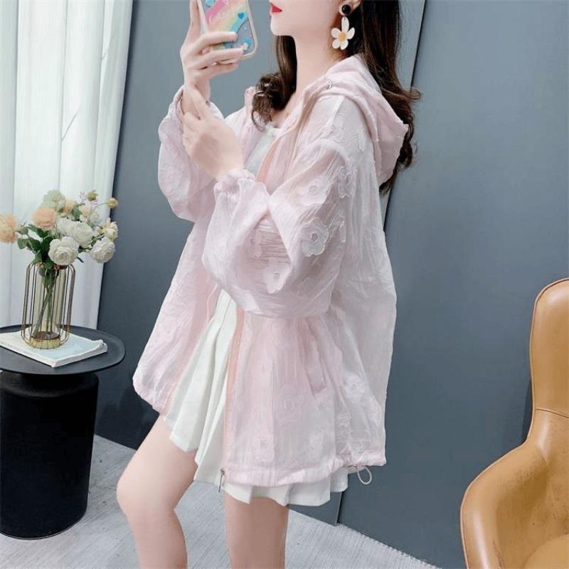 Women Casual Loose Thin Breathable Hooded Sunscreen Cardigan Shirt Outerwear