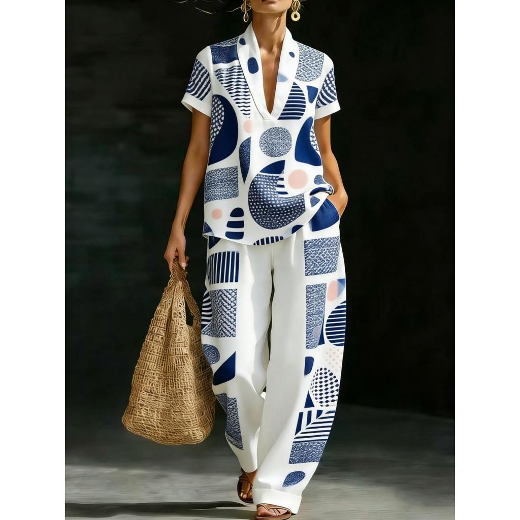 TEMU Hot Sale Women's V-Neck Pullover Short Sleeve Pants Set India Two-piece Set 1D Digital Printing