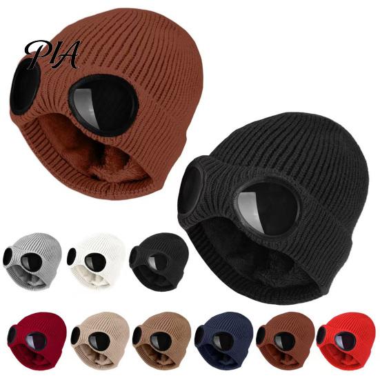 Warm Hat for Most Head Sizes 2Pcs Fleece Lined Hats with Goggles, Winter Knit Casual Accessory Outdoor Activities Hats, Windproof Skiing Caps