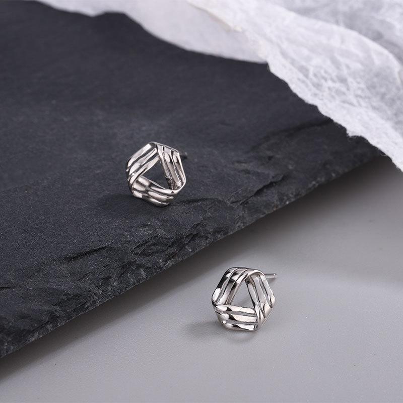 Silver Color Cross Triangle Stud Earrings for Women Hollow Geometric Statement Female Small Earrings Tiny Fashion Ear Jewelry
