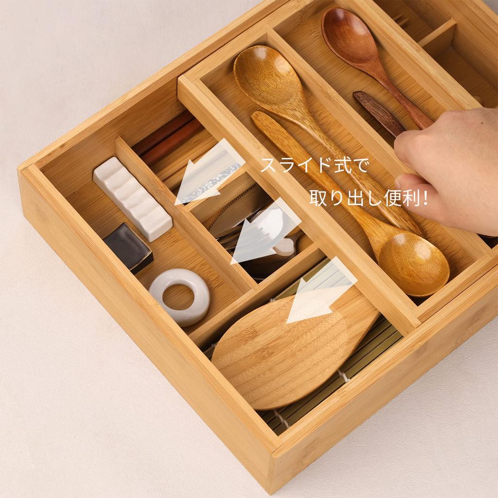 YOSHIKI Bamboo Cutlery Case Cutlery Storage Case Drawer Divider Cutlery Tray 2 Tier Tray Sliding Cupboard Kitchen Small Items Storage Kitchen Tools