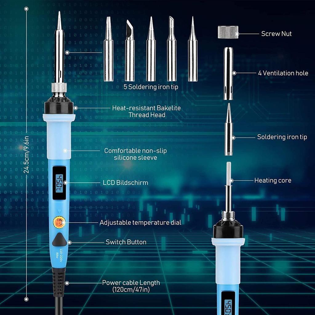 80W Electronics Digital Soldering Iron Kit Adjustable Temperature Welding Tool Soldering Gun Station Tin Wire 50g Solder Sucker