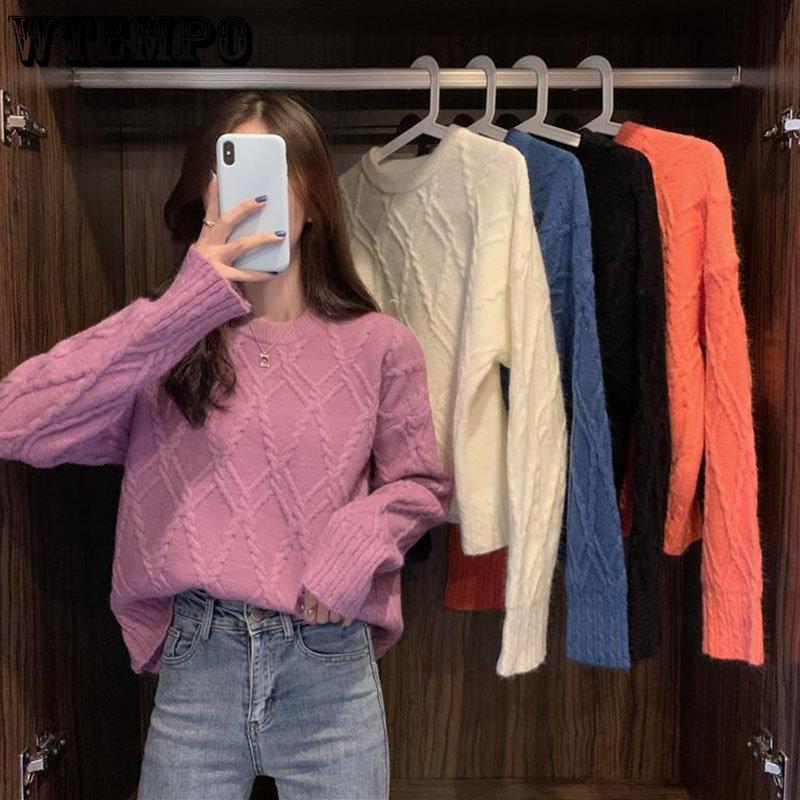 White Knitted Fried Dough Twist Women Sweater Loose Knit Pullover Simple Casual Commute Sweet Long Sleeve Top Bottoming Shirt