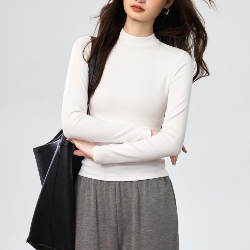 Soft Brushed Cotton T-Shirt Women Fall Winter Long Sleeve Slim Fit Stand Collar Base Layer Top