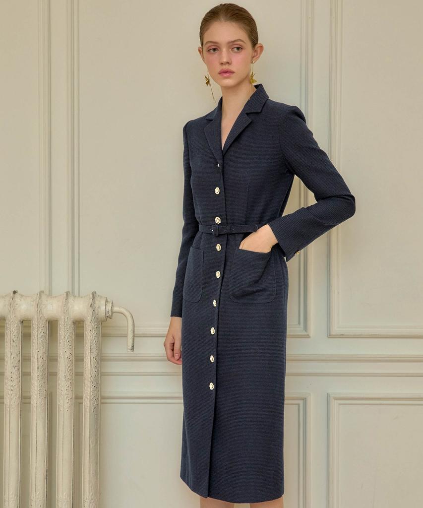 Julie And Kara 24 Fw Collar 99 Etoile Long Queen Dress Tweed Dress Navy