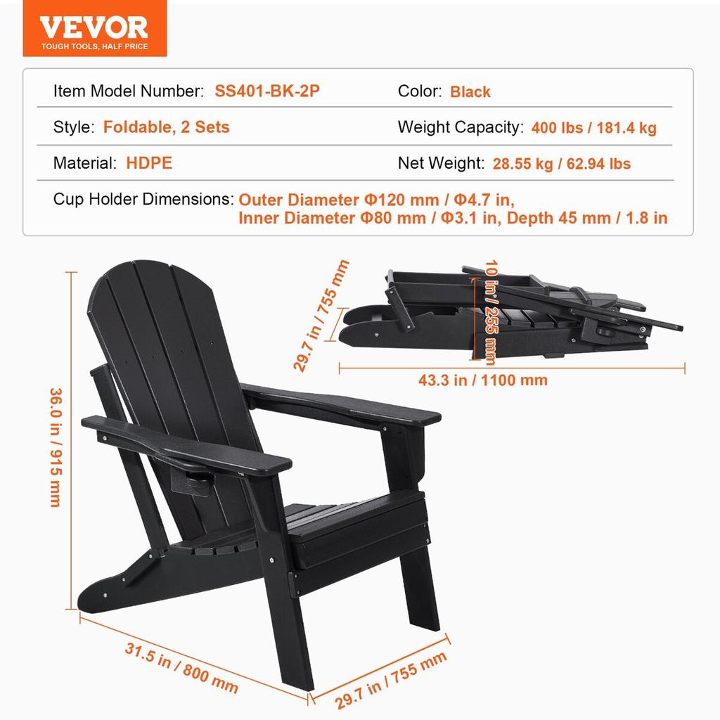 Adirondack Chair Plastic Set of 2 All-Weather Folding Fire Pit Black