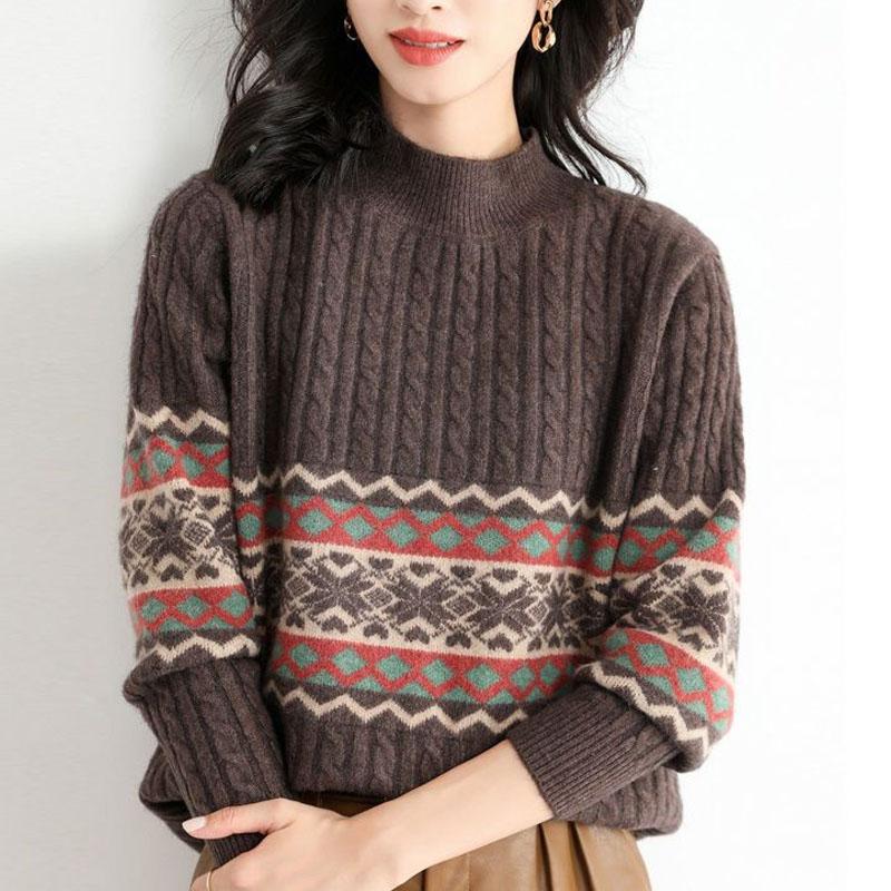 New Autumn and Winter Fashion Trend Retro Ethnic Style Half High Neck Loose Versatile Casual Age Reducing Women's Knitted Sweate