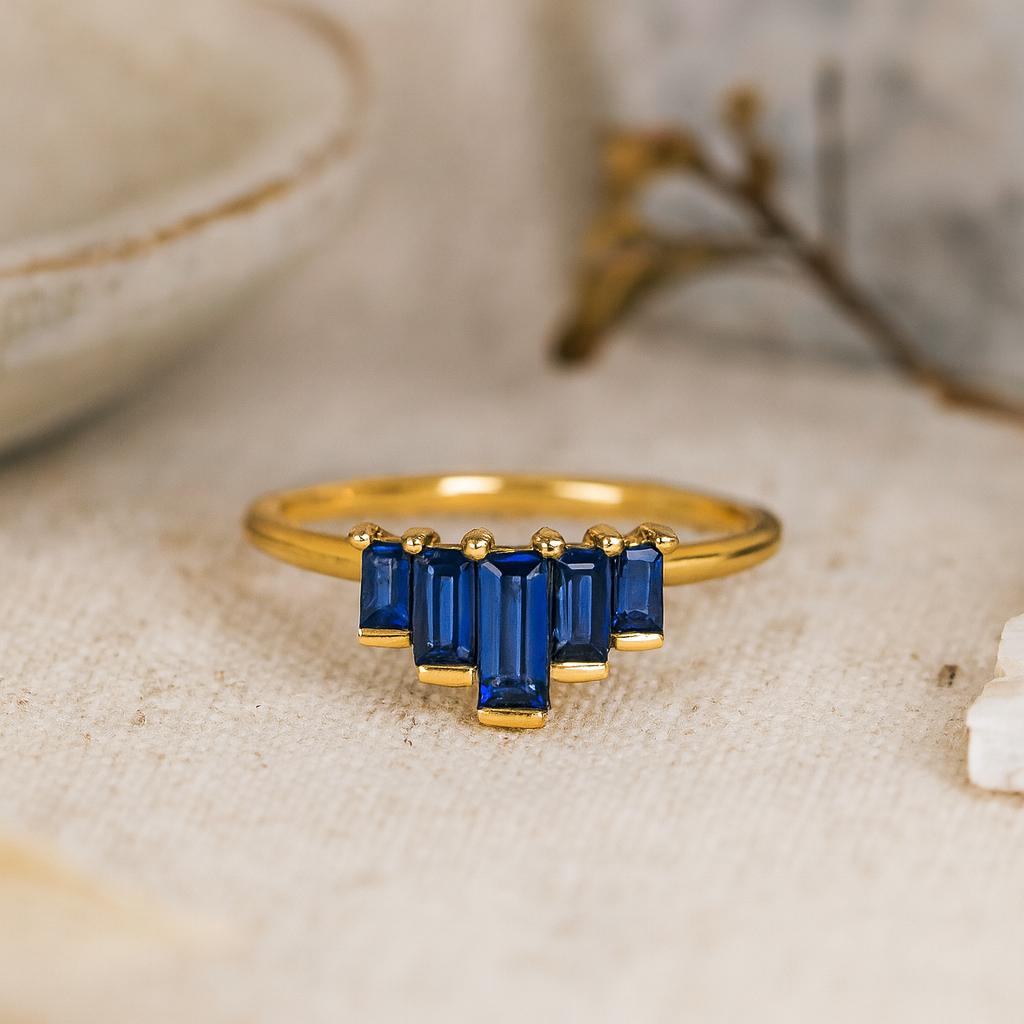 Wedding Engagement Anniversary Promise Gift – Baguette Blue Sapphire Ring, Yellow Gold Plated Geometric Band, September Birthstone Jewellery