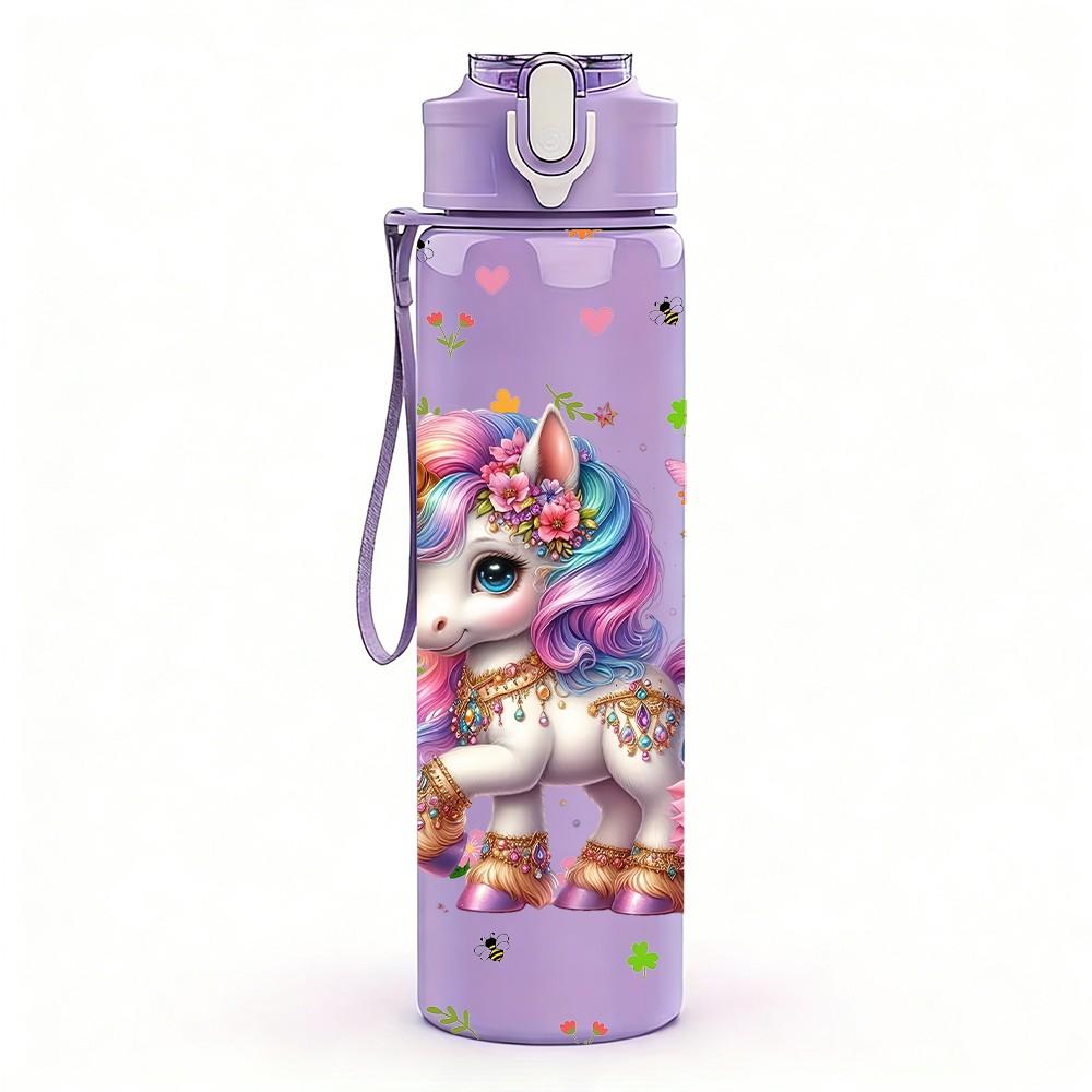 1PC Floral Rainbow Unicorn Pattern 750ml Color Plastic Sports Water Bottle Leakproof Flip Straw Lid Suitable for Sports Office Home Use