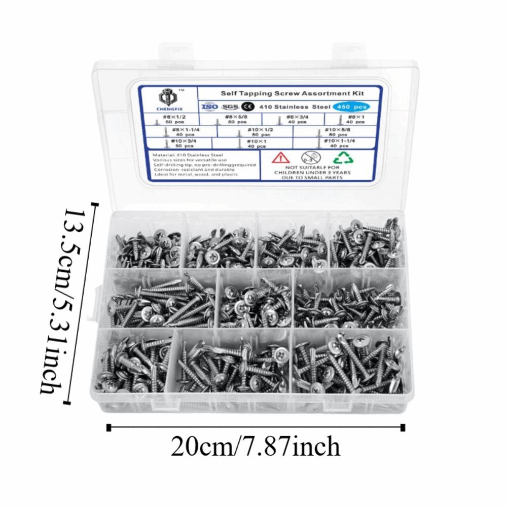 450pcs 410 Stainless Steel Self Tapping Screws Hex Head Stainless Steel Screws Assortment Set