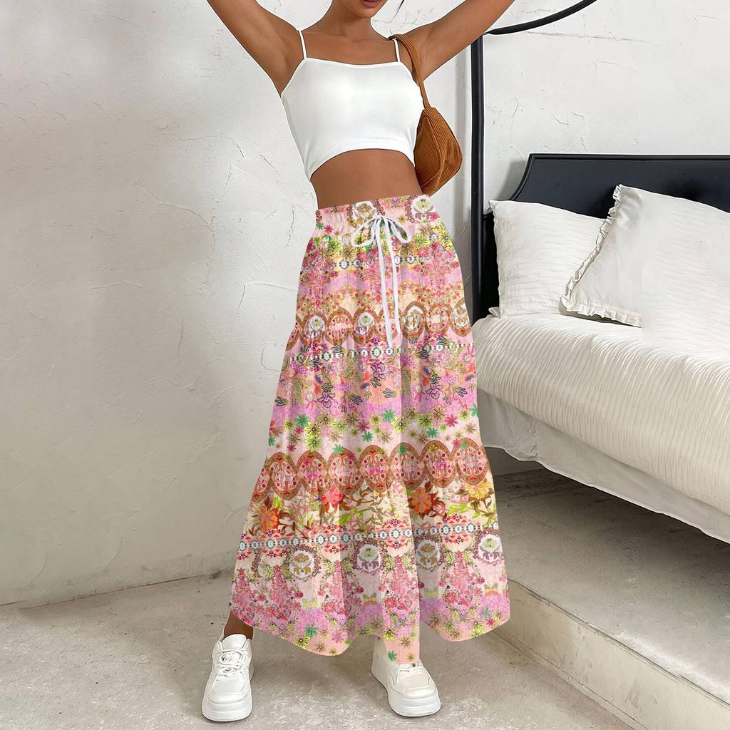 Women's Ruffled Spring Casual Long Skirt Plain Color Skirt Retro Pleated Skirt