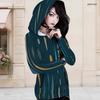 Women Plus Size Dark Blue Printed Long Sleeve Fitted Zip Up Hooded Shirt
