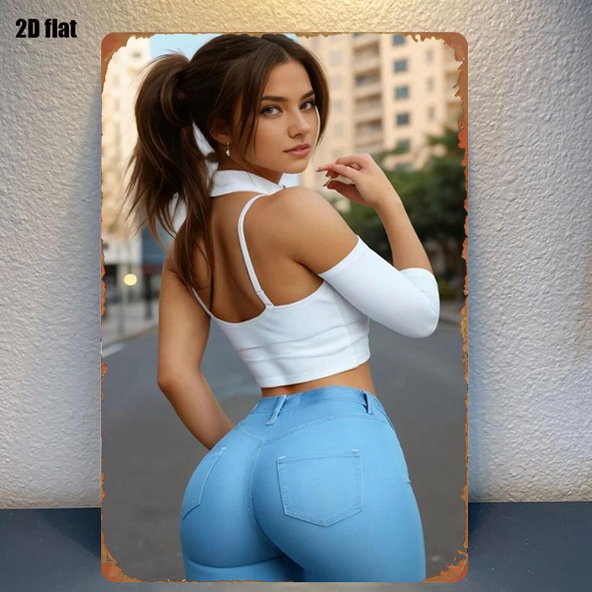HighDefinition Metal Tin Sign Ponytail Girl in White Crop Top Light Blue Jeans Vintage Wall Art Decor for Home Bar Cafe