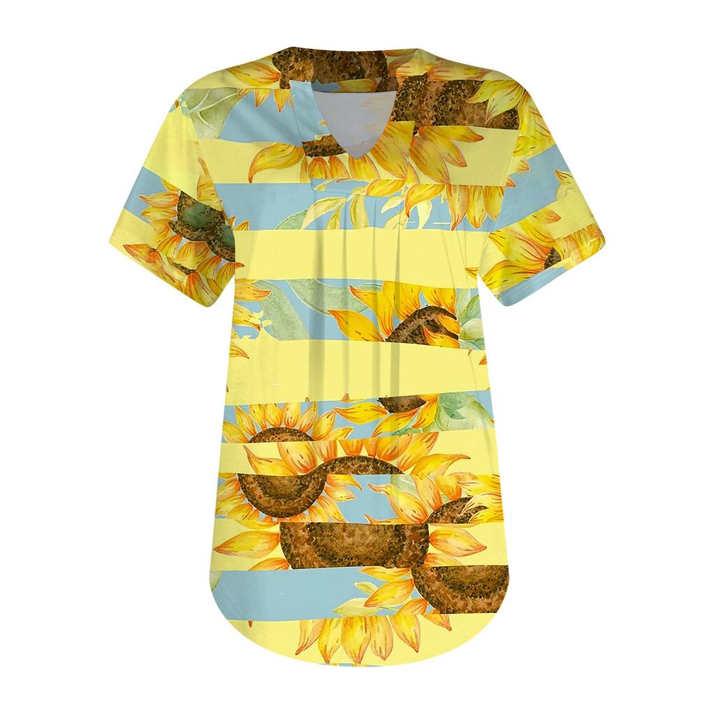 Women's Short Sleeve Casual V-neck Chest Pleated Printed Loose T-shirt Top