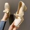 Mary Jane Woman Footwear Bride Square Toe with Bow Block Heel Shoes for Women Japanese Style Lolita Creamy-white Gothic Trend 40