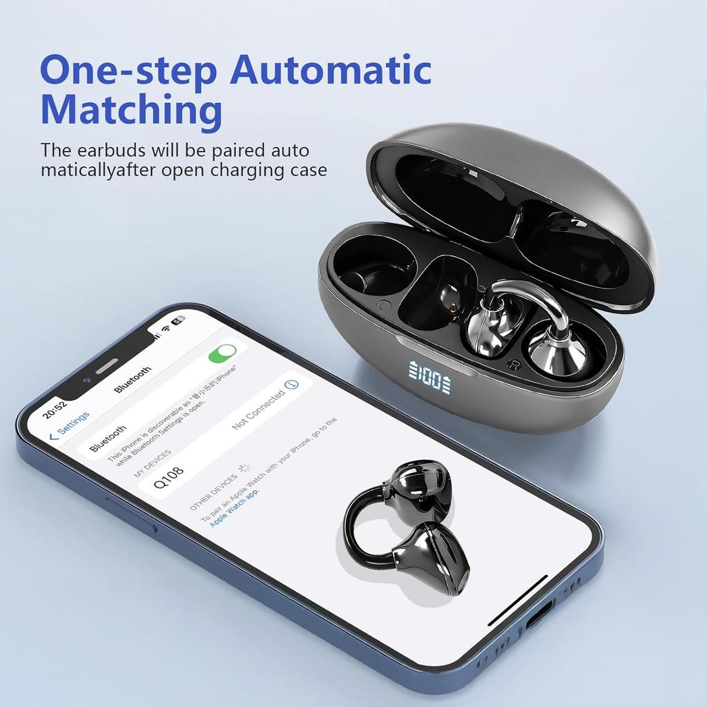 UYUXIO OWS Wireless Earbuds BT 5.4 Clip on Earphone with 50H Play Time Open Ear Long-Battery Life Ear Buds Headphone for Sport