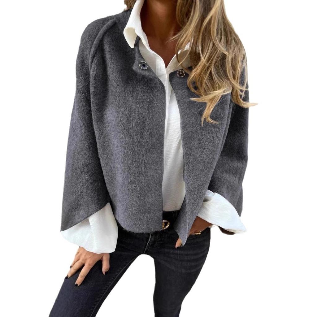 Plus Size Loose Short Bat Sleeve Women's Solid Colour Button Long Sleeve Jacket