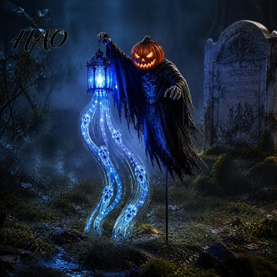 Animated Soul Reaper Yard Art Halloween Harvester Solar Garden Stake Light, Ghost Lantern with Glowing Blue Eye Lawn Ornaments Flowing LED Eyes,