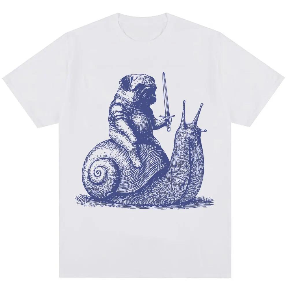 Funny Medieval Pug Knight Riding Snail Meme Graphic TShirt Unisex 90s Vintage Trendy Oversized 100 Cotton Casual Tshirts