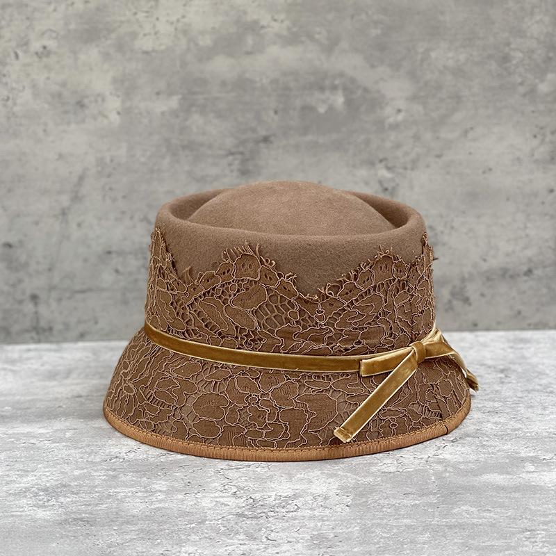 Японская Ретро Элегантная Кружевная Вогнутая Верхняя Часть Звездный Стиль Шерстяная Шляпа-Ведро Женская Шляпа с Короткими Полями Шляпа-Котелок Фетровая Шляпа
