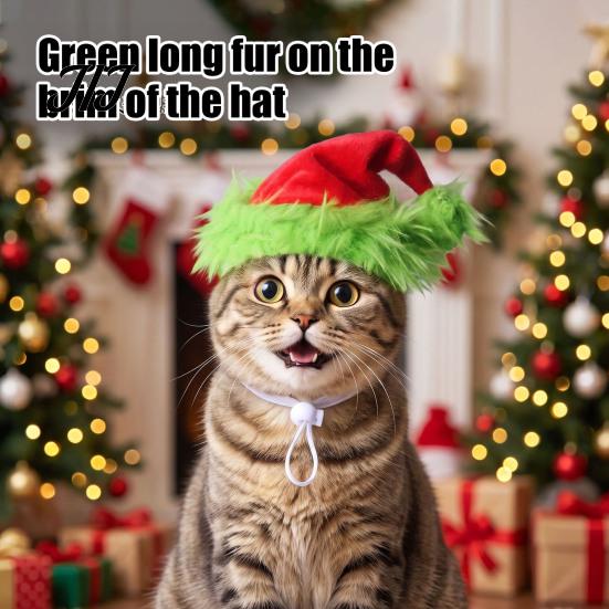 Cat Kitten Puppy Hat Christmas Pet Hat, Plush Dog with Fuzzy Green Trim, Santa Soft Skin Friendly Cap Adjustable Elastic Band for Cats Dogs