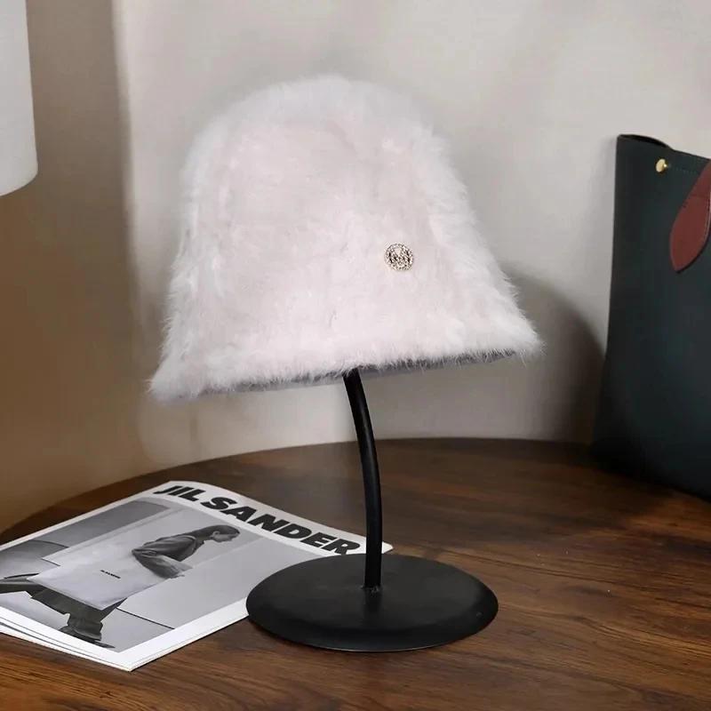 Fashion Designer Letter M Rabbit Fur Bucket Hat Women's Winter Korean Casual Versatile Fluffy Bucket Hat White Warm Basin Hat