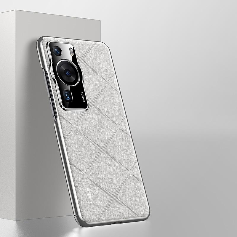 KEYSION Grid Pattern PU Leather Case for Huawei P60 P60 Pro Plating PC Camera Protection Phone Back Cover for Huawei P60 Pro