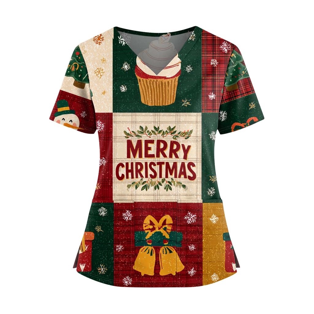 Women's Christmas Print V-Neck Double Pocket Short Sleeves Hem Slit Uniform And Caregiver Top