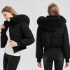 Women Hooded Faux Fur Trim Puffer Jacket Solid Color Long Sleeve Winter Coat