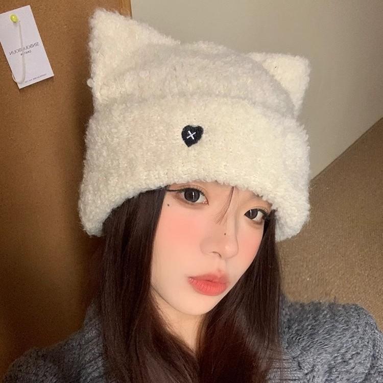 Autumn and winter hat women's three-dimensional cat ears knitted hat plain face warm pullover hat versatile ear protector wool hat