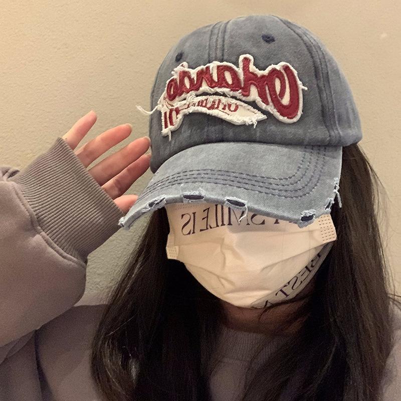 Retro baseball cap women's big head circumference washed ripped denim wide brim cap showing face small hat