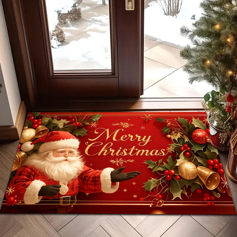VIKAMA Santa Holly Berry Xmas Doormat Non-Slip Washable Front Door Rug Indoor Outdoor Winter Holiday Entrance Decor