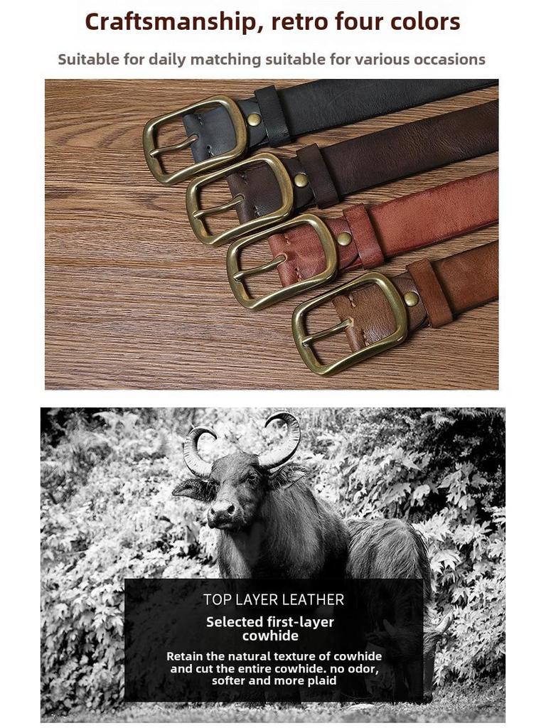 Мужской модный ретро-ремень из кожи ручной работы с медной пряжкой
