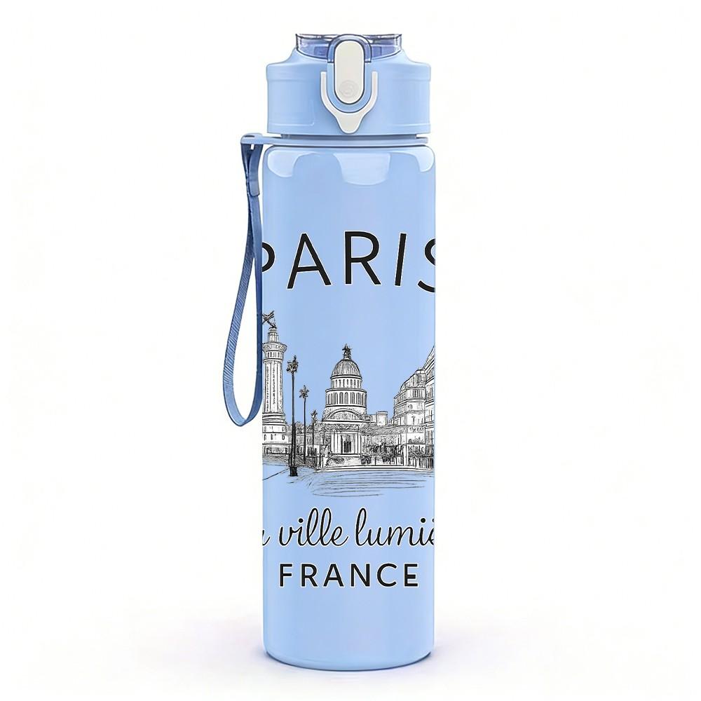 1PC Paris City Landmark Art Print 750ml Color Plastic Sports Water Bottle Leakproof Flip Straw Lid Suitable for Sports Office Home Use