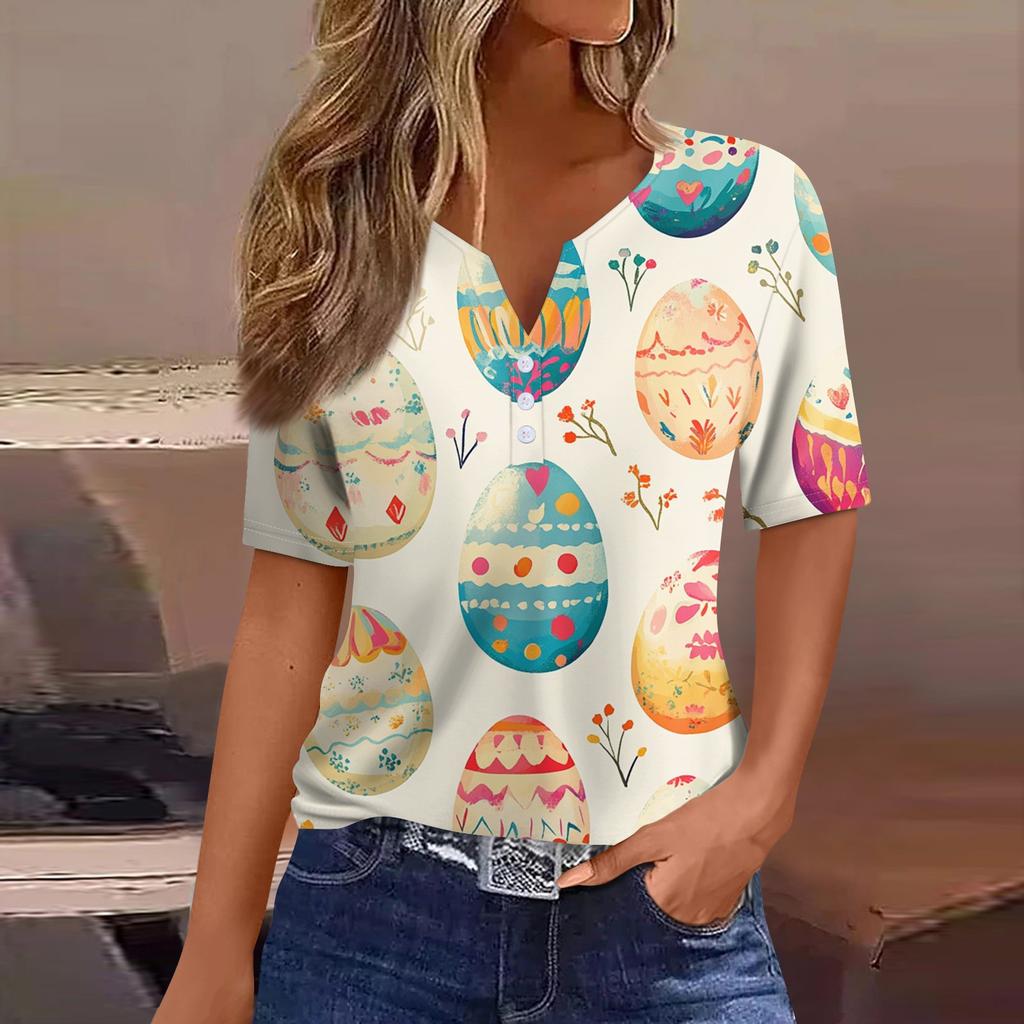 Women's T Shirt Print Button Short Sleeve Daily Weekend Fashion Basic V- Neck Regular Top