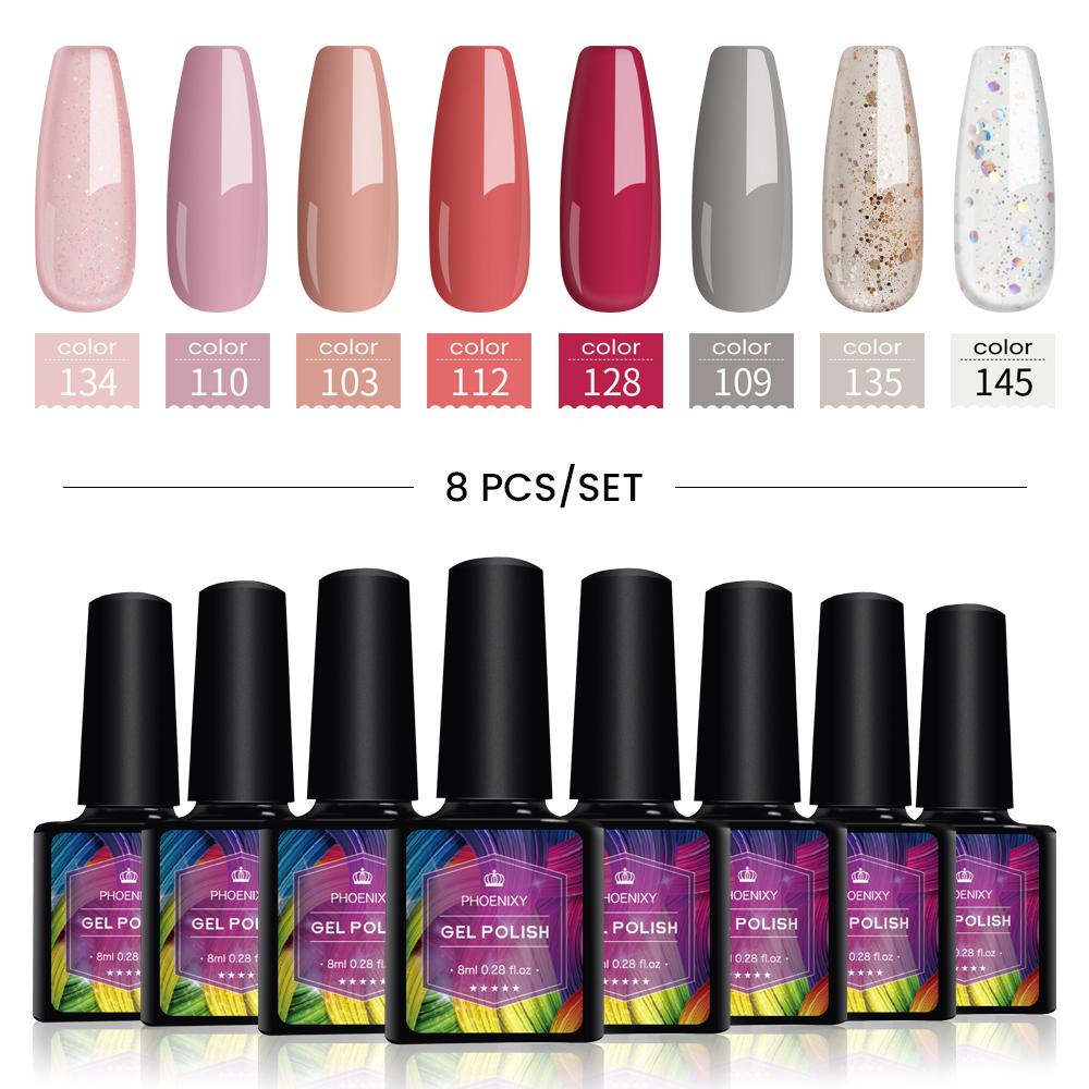 PHOENIXY 8 мл набор гель-лаков для ногтей 8 цветов УФ-гель-лак для ногтей стартовый набор Soak Off блестящий блестящий гель-лак для ногтей набор лаков для ногтей подарки маникюрный набор