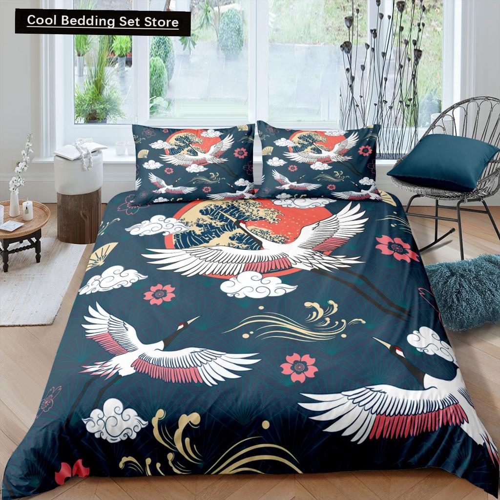 Пододеяльник с японским журавлем King Queen Size Wave Flower Ukiyo-e Style Комплект постельного белья Восточная культура 2/3 шт. Полиэстеровый пододеяльник
