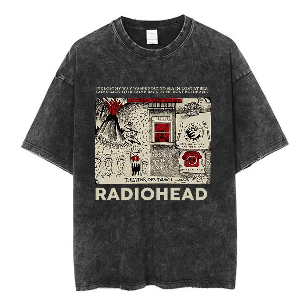 Rock Band Radiohead The Bend Забавная Кошка Винтажные Стираные Футболки Мужские Женские Мода Хип-Хоп Футболки Хлопок Мужская Футболка Уличная Одежда