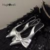 Fashion Elegant Silver Side Bowknot Slingback Sandals Woman Chic Point Toe Kitten Heel Stiletto Pumps Ladies Eveing Party Dress Shoes