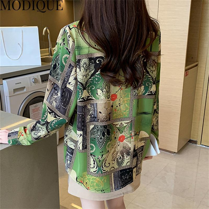 MODIQUE весна лето большие размеры женские свободные элегантные хлопковые шелковые блузки с цветочным принтом рубашки женские модные пальто оверсайз с v-образным вырезом и длинными рукавами