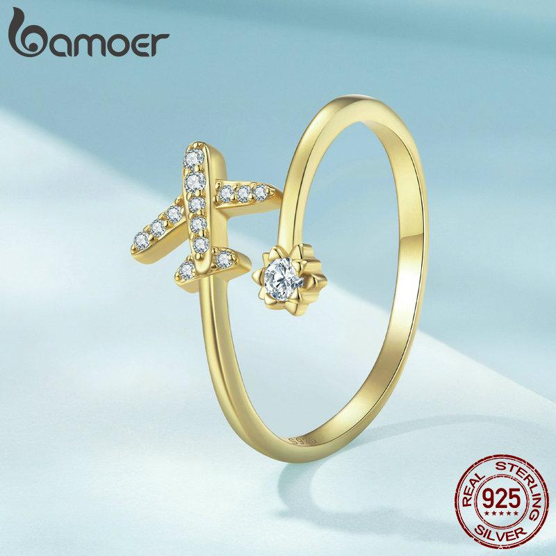 Bamoer из стерлингового серебра 925 пробы, летающий самолет, открытые кольца на палец для женщин, прозрачное регулируемое кольцо с CZ