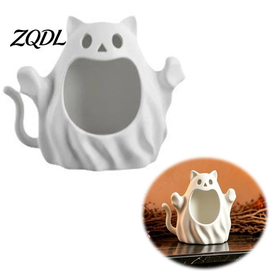 Unique Cat Lover Gifts 3D Printed Halloween Ghost Storage Holder, Decorative Kitten Statue with Matte White Ceramic Ornament Hollow Storage,
