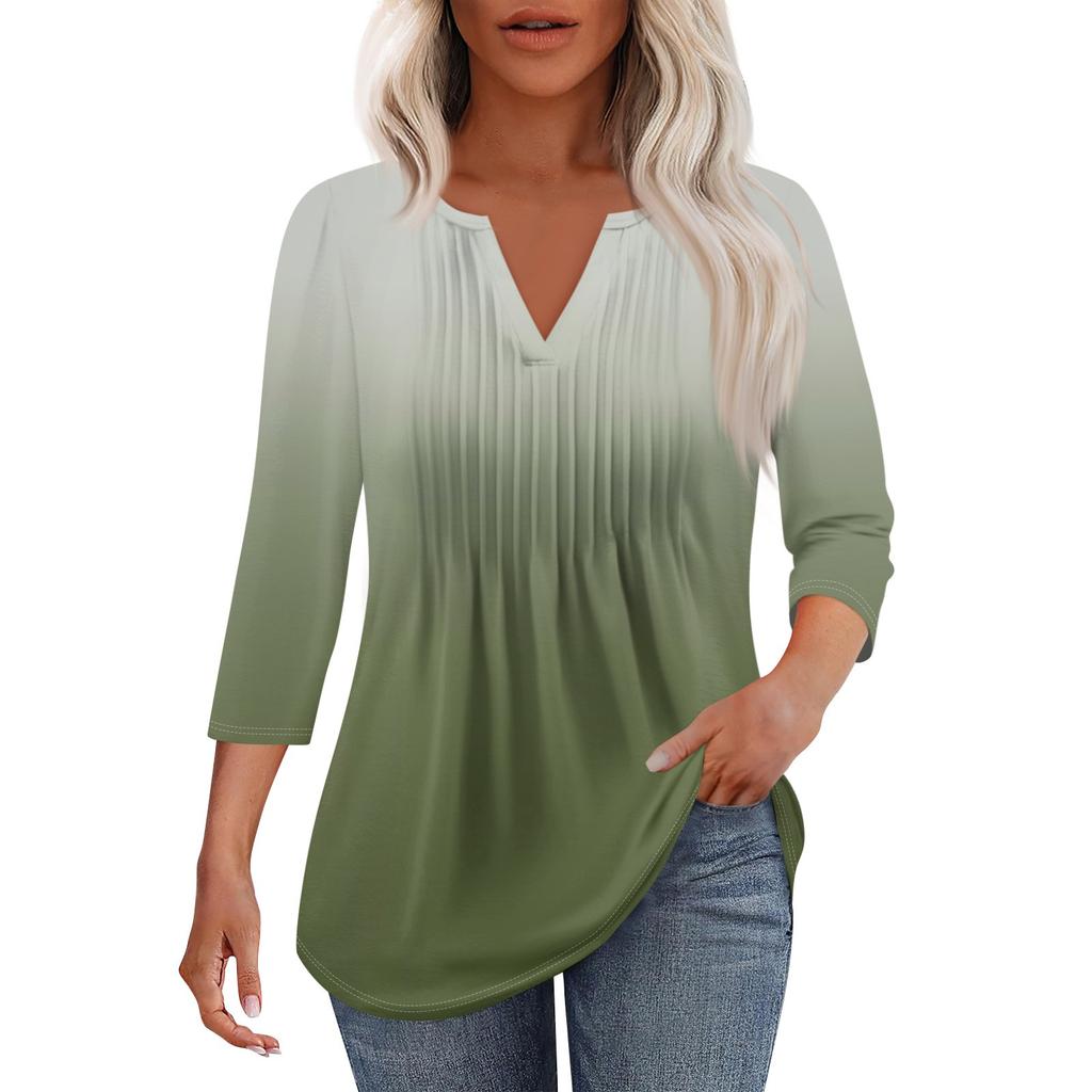 Women's Fashionable Casual Pleated V Neck Solid Color Seven Quarter Sleeve T-shirt Top