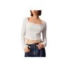 Minimalist Comfortable Versatile Side Pleat Ribbed Knit Long Sleeve T-Shirt Women Tops Bright-White J225097-YAF