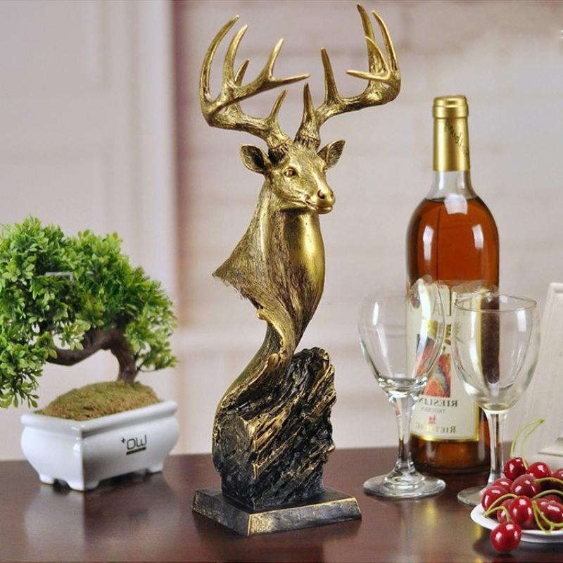 Golden Deer Head Simulated Animal Sculpture Resin Handicraft Deer Statue Decorative Figurines Home Decoration Accessories