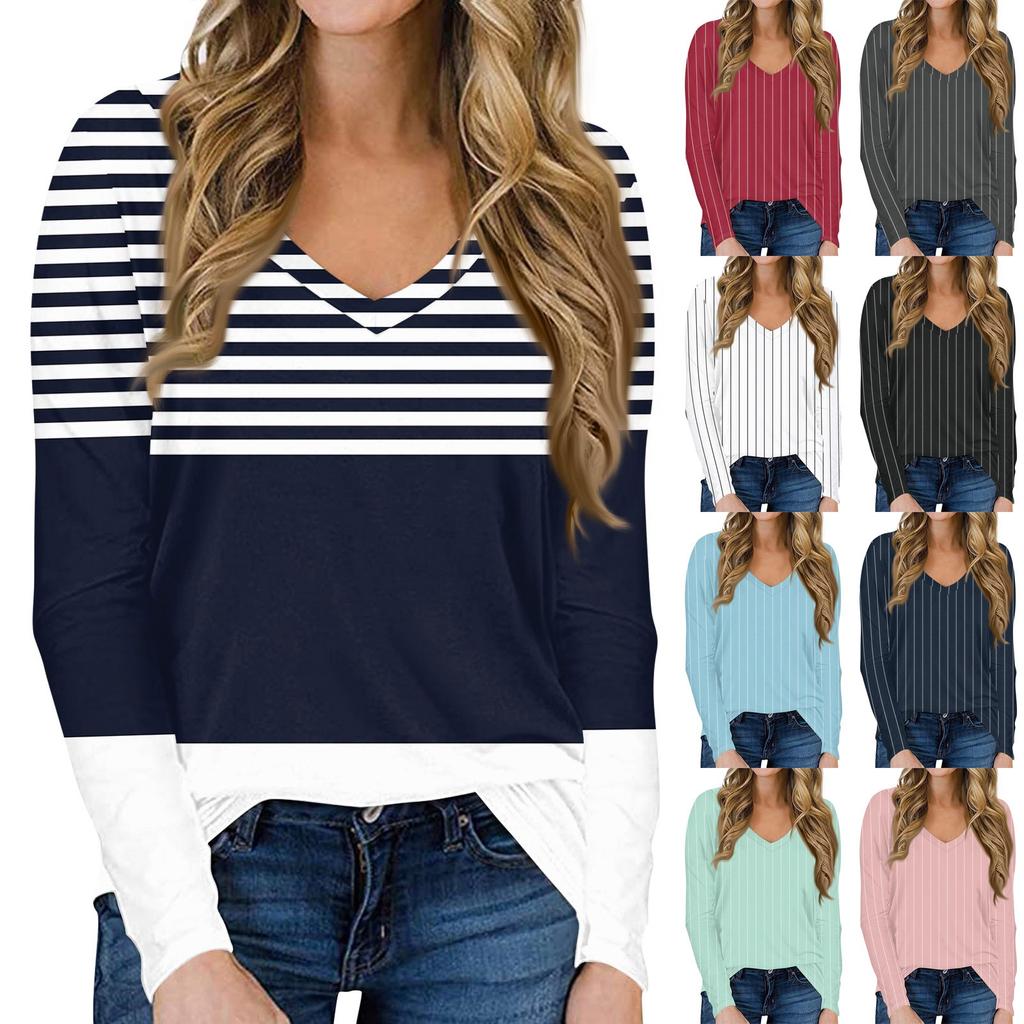 Women's Casual Long Sleeved V Neck Printed T-shirt Top Pullover