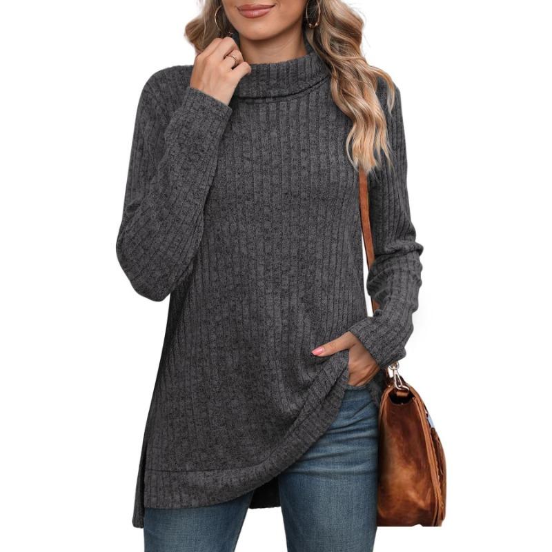 Spring and Autumn Women's Blouse High Neck Bib Side Split Solid Color Long Sleeve Top