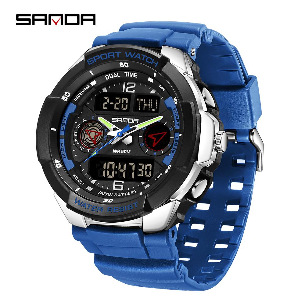 SANDA 6197 Модные мужские электронные часы Спортивные многофункциональные Водонепроницаемые Светодиодные Двойной дисплей Студенческие электронные часы